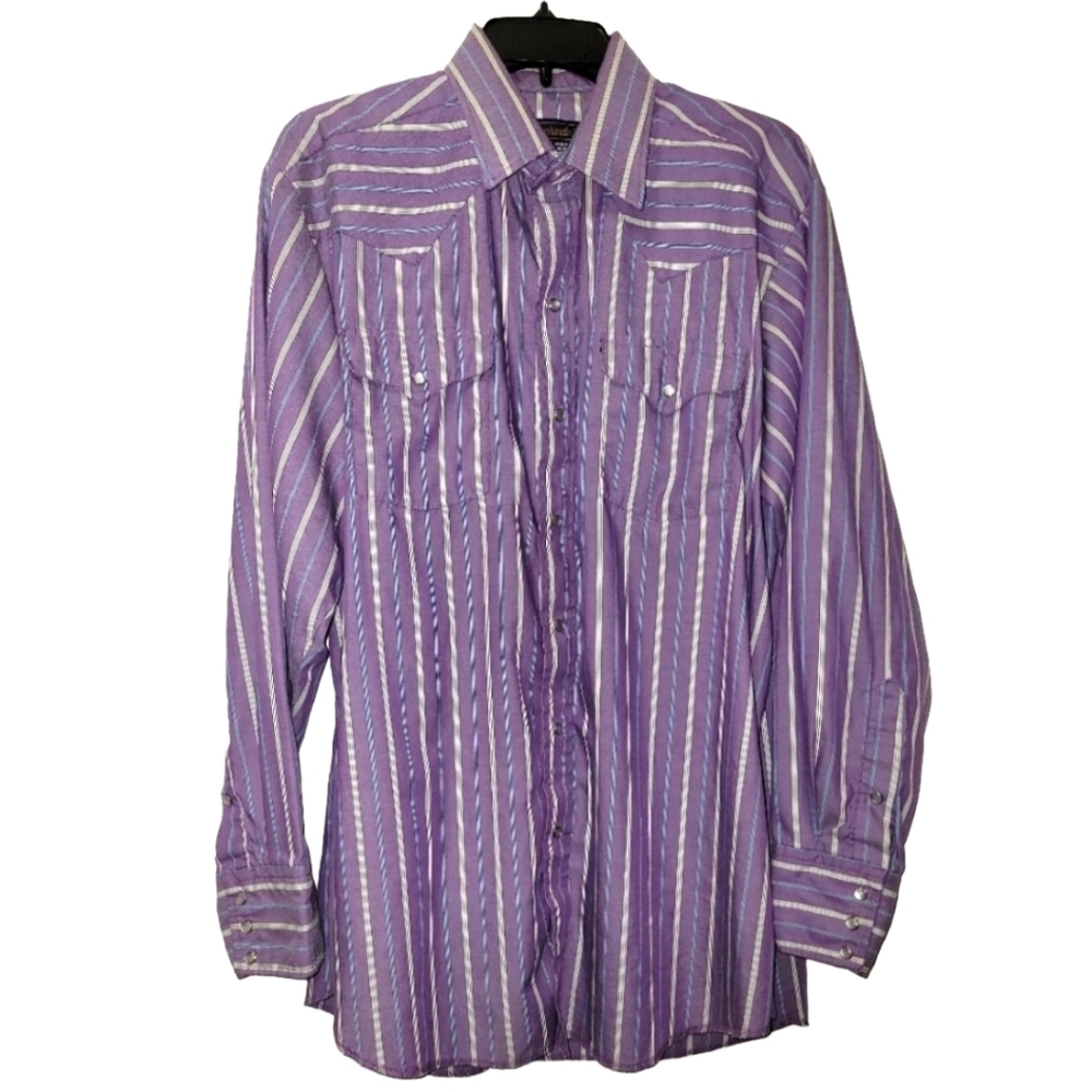 Vintage Panhandle Slim L Sleeve Western Pearl Snap Purple Stripe Shirt 16.5x35
